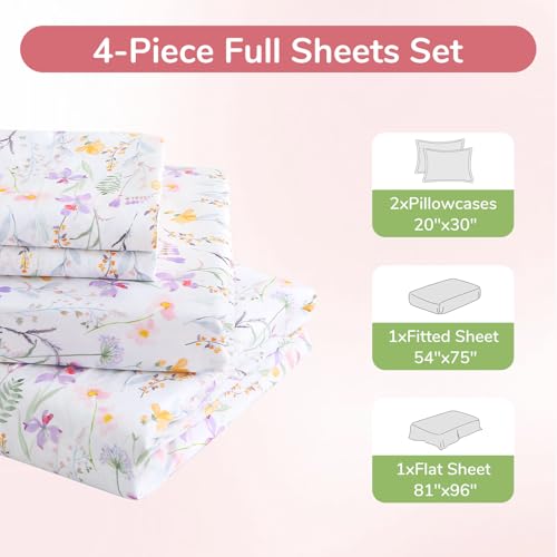 Image of MUXHOMO Full Size 4 Piece Sheet Set, Soft & Breathable Sheet Set for Bedroom with Deep Pocket Up to 16 inch, Wrinkle-Free & Cooling Bed Sheet with Flat Sheet, Fitted Sheet & Pillowcases - Flower Scroll