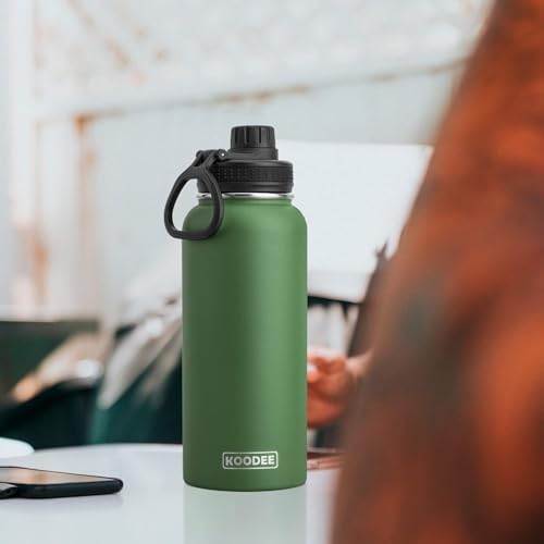 Image of koodee 32 oz Stainless Steel Water Bottle-Double Wall Vacuum Insulated Sports Water Bottle for Men-Reusable Travel Leakproof Water Flask with 3 Lids and Silicone Boot, BPA Free(Grass Green)