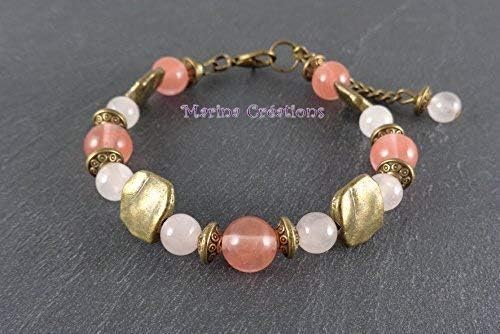 Genuine rose quartz and pink coral jade bronze bracelet, ethnic chic, pink shades 8mm and 6mm