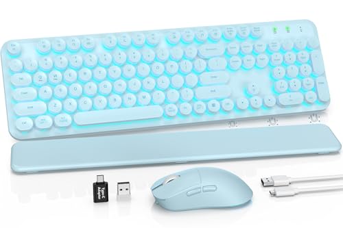Image of Wireless Keyboard and Mouse Combo, Backlit Round Keycaps, Retro Typewriter Keyboard with Detachable Wrist Rest, Rechargeable & Tilt Legs, 2.4GHz Cordless Connection for Windows /PC (Glowing Blue)