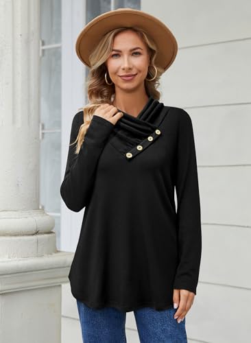 Image of Bulotus Womens Turtleneck Sweaters Ribbed Knit Split Cowl Neck Tunic Sweaters
