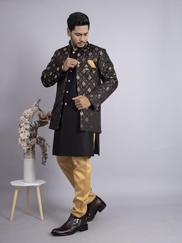 Image of XEPON Men's Jacquard Ethnic Wear Kurta Pajama With Stylish Long Jacket Set
