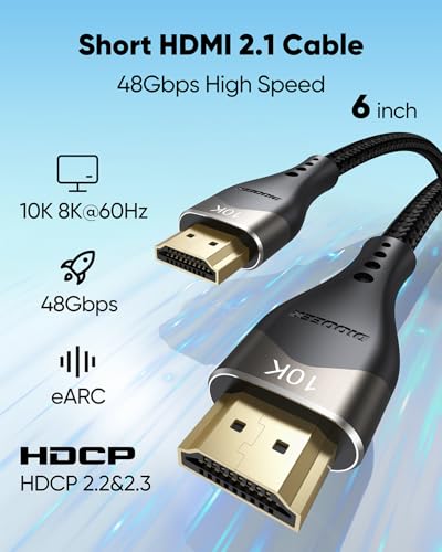 Image of 10K 8K Short HDMI Cable 6 inch, 48Gbps Ultra High Speed Small HDMI Cable 0.5FT HDMI Cord 2.1 with 8K@60Hz 4K@120Hz, eARC, HDR10+, DTS:X, 3D for HDMI Switch /Laptop /Apple TV /Fire TV /Monitor /PS5
