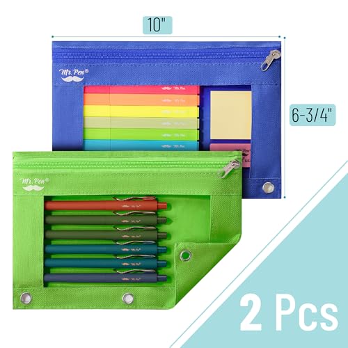 Image of Mr. Pen- Pencil Pouch for 3 Ring Binder, 2 Pack, 10 inchx6.75 inch, Smooth Zipper, Clear Window, Large Capacity Pencil Case with 3 Reinforced Grommets for School, Office, Supplies Storage