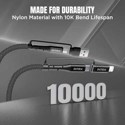 Image of Intex Speed Ultra 3.0 (4 -IN -1) USB-A, Type-C, & Lightning Ports, 60W /3A PD Fast Charging, 480Mbps Data Sync, 2 Swappable Heads, braided Cable Tie - Black