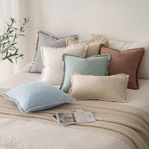 Image of MIULEE Linen Fringe Decorative Lumbar Throw Pillow Covers Sky Blue 12x20
