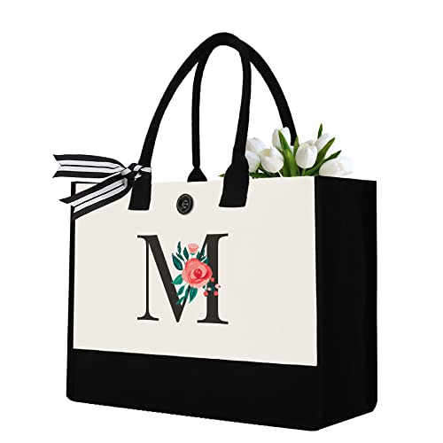 Initial Canvas Tote Bag, Personalized Birthday Gifts for Women Mom Friends Teachers, Monogrammed Tote Bags Suitable for Mother's Day Wedding Beach (LetterM )