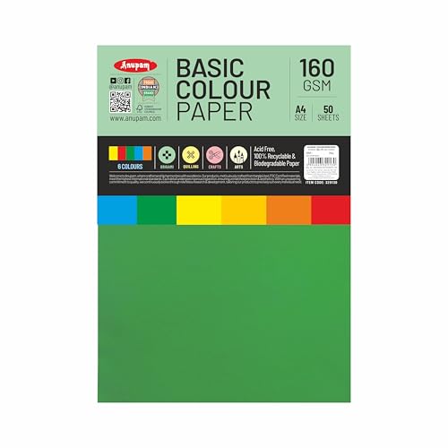 Image of Anupam A4 Basic Colour Loose Paper 160gsm 5 Colors Paper for Arts, Crafts, Quilling, Origami (50 Sheet)