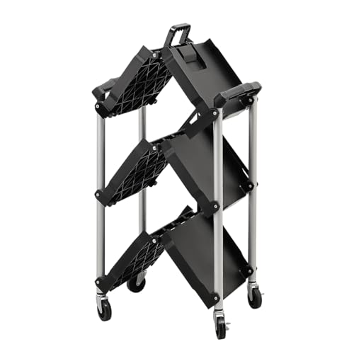 عربة خدمة محمولة قابلة للطي بثلاثة مستويات وبعجلات، عربة دفع تخزين عملية قابلة للطي مناسبة للمنزل والمكتب والمستودع والمطبخ من لوازم، لون أسود، مقاس 65 × 38 × 85 سم