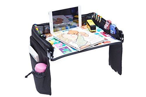 Kids Travel Tray Bag/Children Play Tray/Stroller Tray Organizer with Tablet Holder - Waterproof, Sturdy Surface, Buckles & Mesh Pockets - for Snacks, Drawing, Car, Bus, Plane Journey (Black)