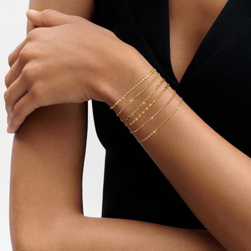 Tewiky Waterproof Gold Bracelets for Women Non Tarnish - Dainty Stack14K Gold Plated/Sterling Silver Chain Bracelets Set Adjustable Trendy Jewelry for Women4