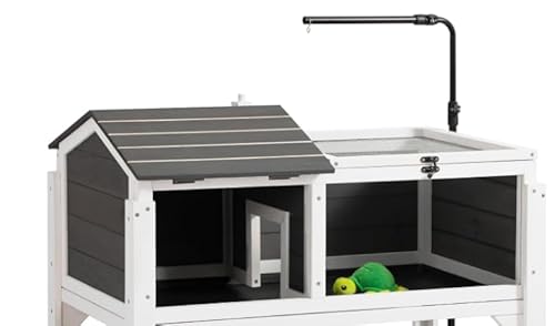 Anisum Wooden Tortoise House - Lockable Turtle Habitat with Wire Top and Handle - Indoor Tortoises Enclosure for Small Animals, Outdoor Reptile Cage - Easy Assembly(Grey)