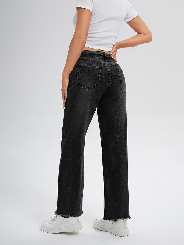Women's Wide Leg Jeans 90S Vintage Zipper Fly Raw Hem Loose Fit Mid Rise Straight Leg Jeans for Women Denim Pants - Image 5