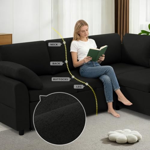 Image of 87 inch Fabric Sectional Couch w /Pull Out Bed & Storage Space, Black
