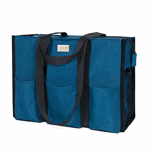 TOPDesign Utility Water Resistant Tote Bag with 13 Exterior & Interior Pockets, Top Zipper Closure & Thick Bottom Support, for Working Women, Teachers, Nurses, Accountants (M Light Blue)