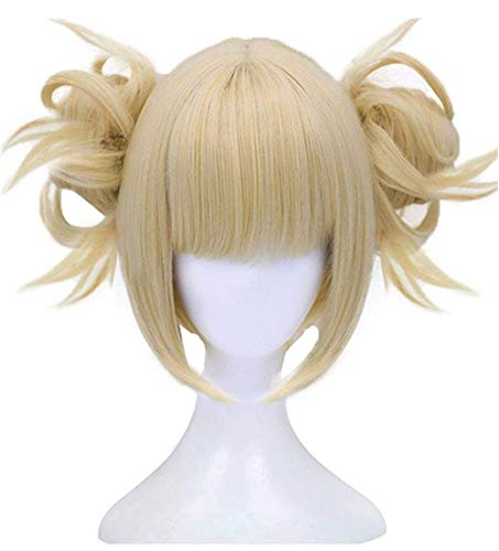 Ebingoo Blonde Cosplay Wig Short Wavy Synthetic Hair Wigs with 2 Detachable Buns Clips for Halloween Costume Women