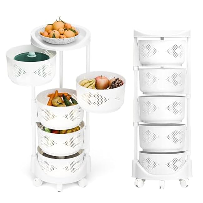 Rotating Storage Rack for Kitchen, 5 Tier Rotating Storage Rack Cart with Top Lid, Fruit and Vegetable Storage Basket, Kitchen Storage Cart with Wheels, Storage Shelf for Living Room Bathroom (5)-gZtL3rhG