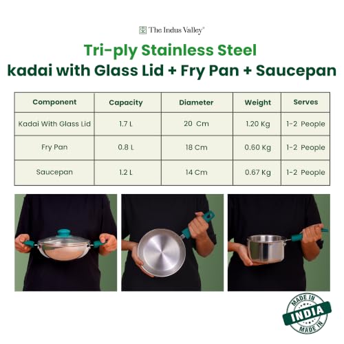 Image of The Indus Valley Triply Stainless Steel Cookware Set of 4 | Kadai 20cm with Glass Lid, Fry Pan 18cm & Saucepan 14cm | 100% Toxin-Free | Faster Cooking | Induction Compatible