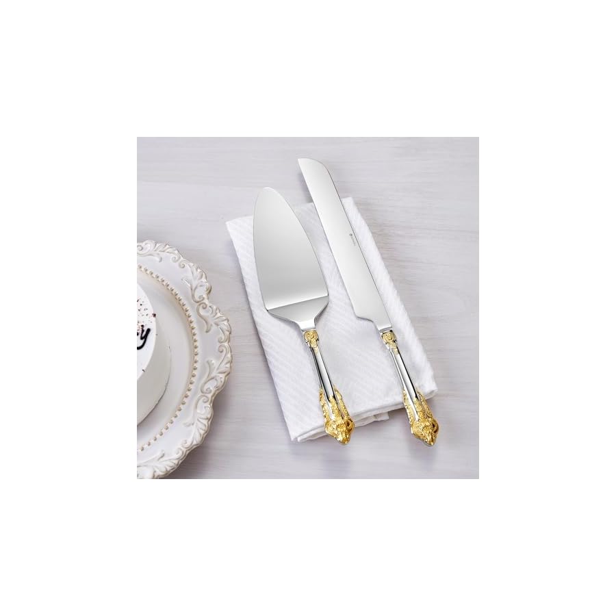 KEAWELL Gorgeous Wedding Cake Knife and Server Set, 18/10 Stainless Steel, Fine Luxury Cake Cutting Set (Gold Accent)