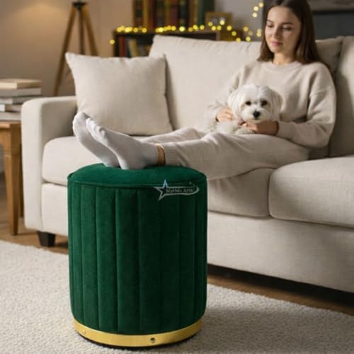 Image of Upholstered Round Linen Strip Stool Living Room Foot Rest Office Stool Pouf Ottoman Padded Seat - Green