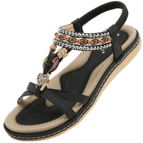 Acfoda Sandales Femme Été Confortable Mode Plates Bohême Tongs avec Strass Léger Chaussures...