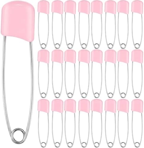 WILLBOND 50 Pcs Safety Pins 2.2 Inch Plastic Head Cloth Pins with Locking Closures Stainless Steel with Velvet Bag, Light Pink