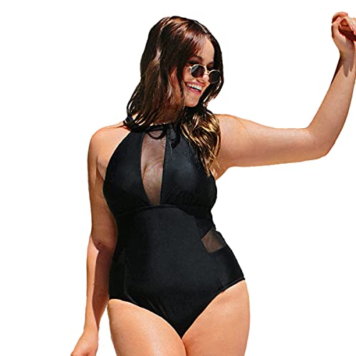 CUPSHE Women s One Piece Plus Size Swimsuit Black Mesh High Neck Bathing Suit, 1X