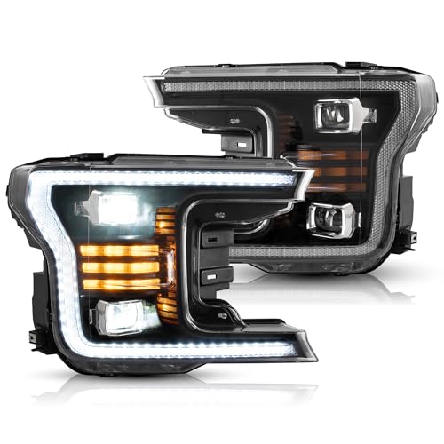 VLAND Projector Headlights Compatible with F150 2018 2019 2020 (Not for Rap-tor) Full LED Front Lamps w/White DRL w/Amber Turn Signals No Need Bulbs Sold as Pair