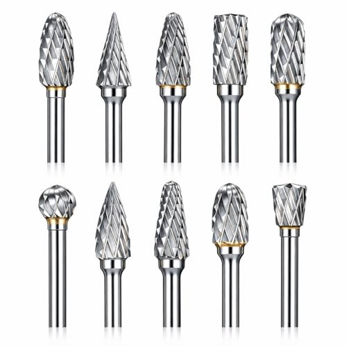 Sworker 10 Pcs Carbide Burr Set 1/8' Shank w/ 2 Collets Compatible with Dremel Bits Rotary Tools Attachment Kit Rasp Drill File Accessories Metal Wood Stone Steel Grinding Carving Cutting Polishing