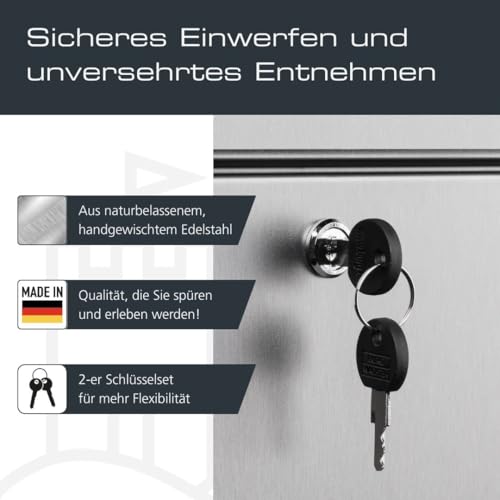 BURG-WÄCHTER Briefkasten mit Zeitungsfach und Namensschild, Rostfreier Edelstahl, Einwurf-Format DIN C4, 2 Schlüssel, AMZ 2500 NI