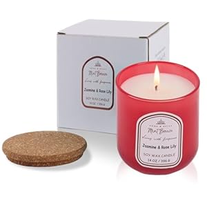 HOME & RELAX 14oz Jasmine Rose and Lily Scented Soy Wax Candle,Big Candle, More Than 80 Hours Burning, 10% Strong Scent,Candle Jar with Wood Lid,Candles for Home Scented,Gift for Women,Red