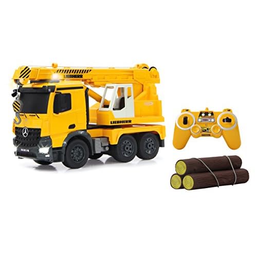 Jamara 405034 - Schwerlastkran Mercedes Liebherr 1:20 2,4G - Kran ausfahren und 660° drehbar, Seil heben / senken, gelbe LED Signallichter, programmierbare Funktionen, realistische Sounds,4 Radantrieb