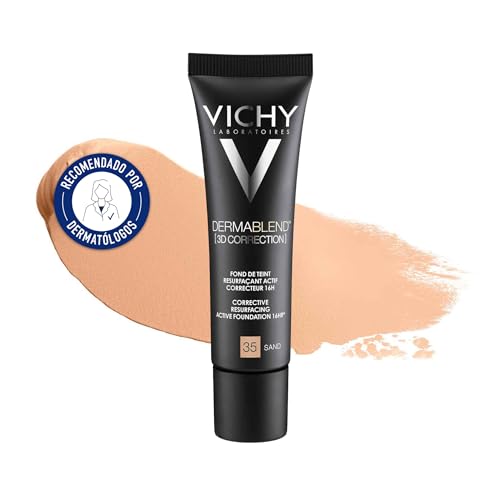 Vichy, Dermablend, Fond de Teint Resurfaçant 3D, Actif Correcteur, Longue Tenue 16H, Haute Couvrance, SPF 25, Adapté aux Peaux Sensibles, Teinte : Sable 35, 30 ml