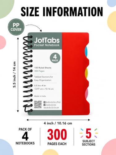 Image of DOODLE Set of 4 Pocket 5 Subject Notebooks | 300 Pages Each | Spiral Bound Mini Notebook with Color Indexed Tabs | Pocket Journal for School, College, Office & Note Taking