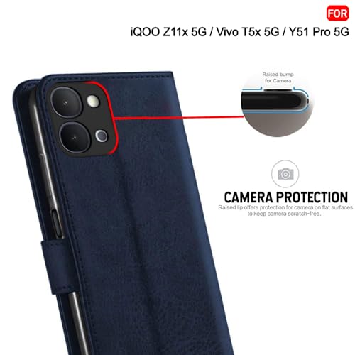 Image of TheGiftKart Flip Back Cover Case for iQOO Z11x 5G / Vivo T5x 5G / Vivo Y51 Pro 5G | Genuine Leather Finish | Designer Button | Inbuilt Pockets & Stand | Flip Back Case Cover (Faux Leather, Blue)