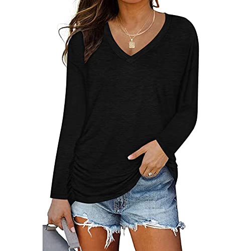 TOEECY Camiseta de Manga Larga para Mujer Cuello en V Lado Fruncido Basica Jersey Pullover Casual Suelto Tops Elasticidad Color Sólido Camisa de Fondo Pullover Blusas (Negro,S)