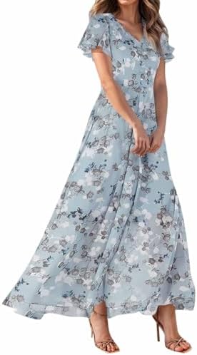 Womens Summer Dresses with Sleeves Flutter Chiffon Maxi Floral Su...