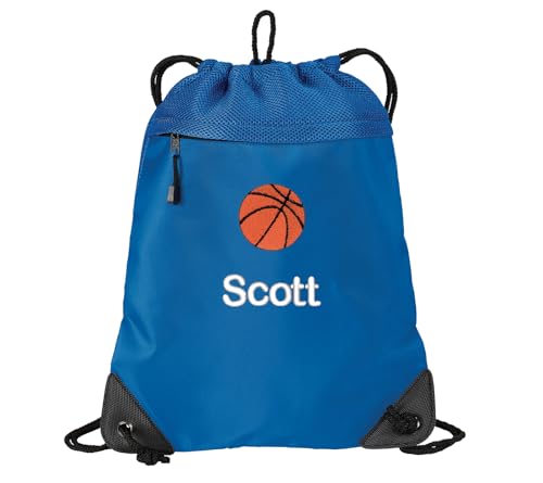 Personalized Basketball Cinch Pack, Sports Drawstring Backpack, Monogrammed Name, Coach Gift, Snorkel Blue