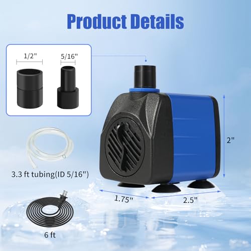 Image of AQUANEAT Small Fountain Pump, 160 GPH Mini Submersible Water Pump with 3.3 ft Tubing, for Aquarium Fish Tank, Pet Water Fountain, Hydroponics, Pond Waterfall Filter Pump
