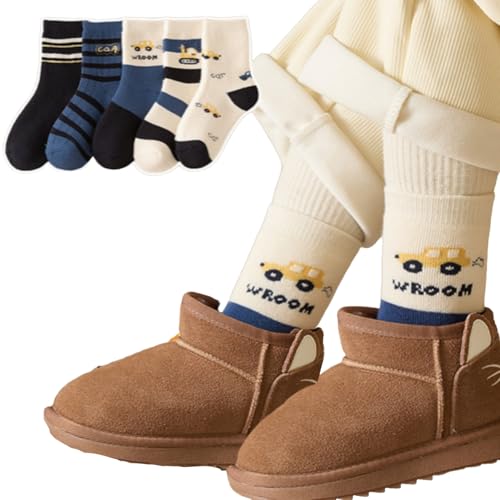 5 Pairs Thick Warm Fleece Winter Socks for Boys 1 to 16 Years, Cute Cartoon Car Bear Dino Crew Socks for Kids