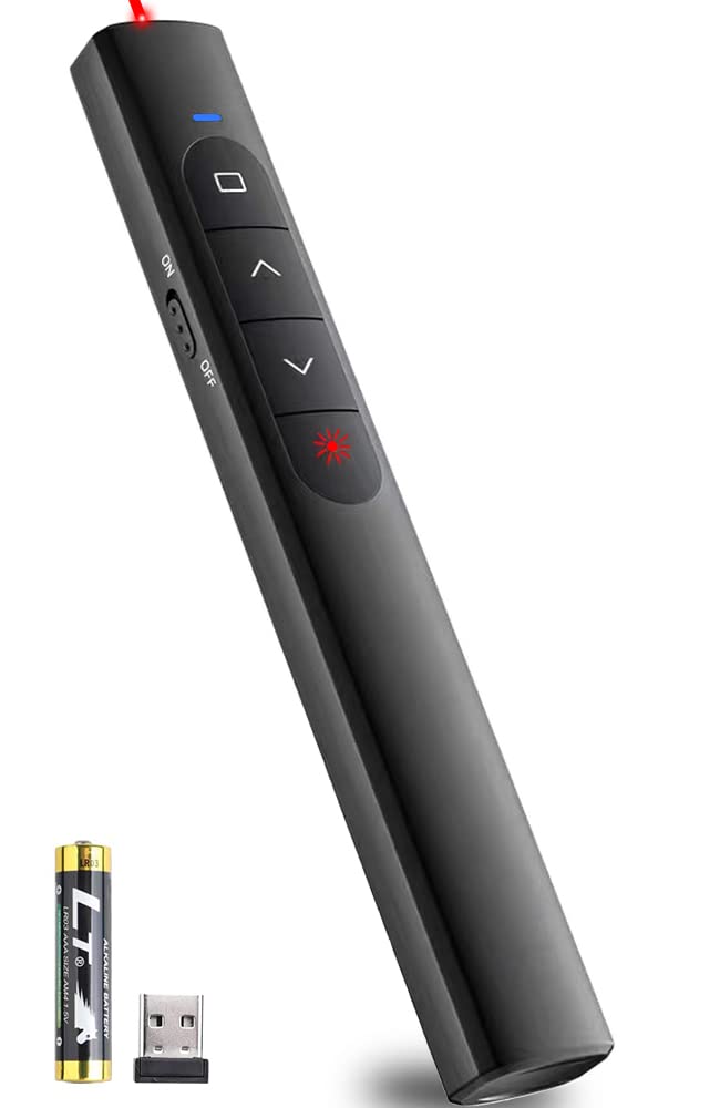Wireless Presenter Remote Powerpoint Clicker - Red Lase PPT Clicker for Powerpoint Presentations Pointer for Cats Dog, USB Control Slide Advancer for for Computer/Laptop/Mac/Keynote/Win (Black)