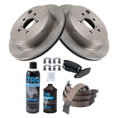Image of TRQ Rear Brake Pad & Rotor Kit, with Chemical Kit Parking Brake Shoe Set Semi-Metallic Compatible with 2013-2014 Subaru Legacy