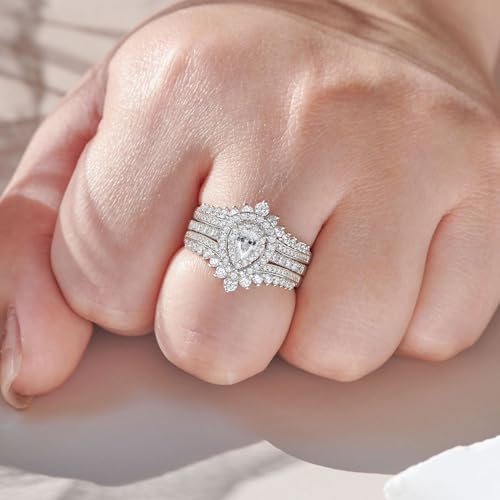Newshe Jewellery Cubic Zirconia Wedding Ring Sets for Women 925 Sterling Silver Engagement Rings Bridal Band Enhancer Set Pear Travel Anniversary Size 5-104