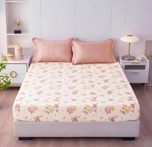 Image of HOMEKART Cotton Contrast Fitted Bedsheet for King Size Bed 72x72+10 Inch with 2 Pillow Covers 17x27 Inch | All Round Elastic | TC 144 Soft, Breathable Floral Printed Bedsheet (Rose Aura)