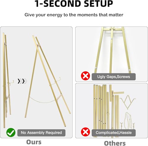 GRENTY 46.7" Gold Easel Stand for Wedding Signs – No Assembly Needed, Heavy Duty Metal Display Stand for Art, Welcome Signs, Posters, Pictures, Paintings, and Floor Décor