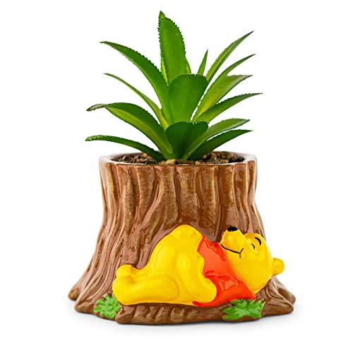 Image of Toynk Disney Winnie The Pooh Tree Stump 5-Inch Ceramic Planter with Artificial Succulent | Cute Flower Pot, Faux Indoor Plants