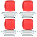 Pyrex (4) C-222 2qt Easy Grab Glass Baking Dish & (4) C-222-PC 2qt Square Red Easy Grab lid