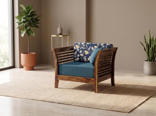 Image of Solid Sheesham Wood 1 Seater Sofa Set for Living Room | Wooden Couch with Cushions | Handcrafted Sheesham Wood Sofa | Home & Office Furniture | 1 Seater Sofa Set |
