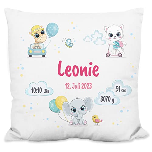 Deko-Kissen als Geschenk zur Geburt fürs Baby – personalisiert für Mädchen und Jungen (Name, Größe, Gewicht, Datum) - 40x40cm, waschbar, inkl. Kissen-Füllung - Babygeschenke (Strukturiertes Kissen)