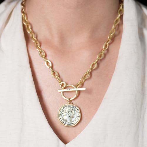 Chunky Coin Antique Gold Plated Thick Link Chain Layered Pendant Necklace for Women 18 Inch Trendy Toggle Chain Necklace Gift for Women2
